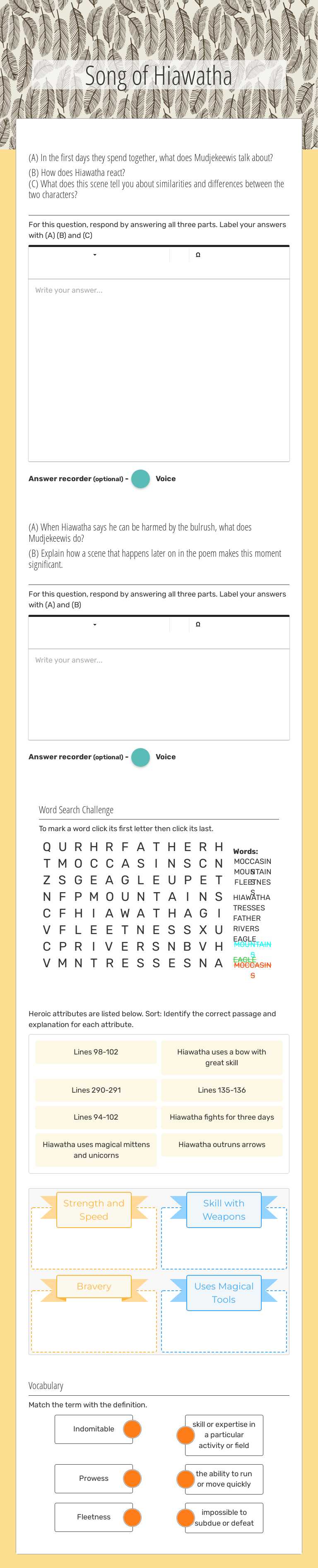 Song of Hiawatha Grade 6 worksheet preview