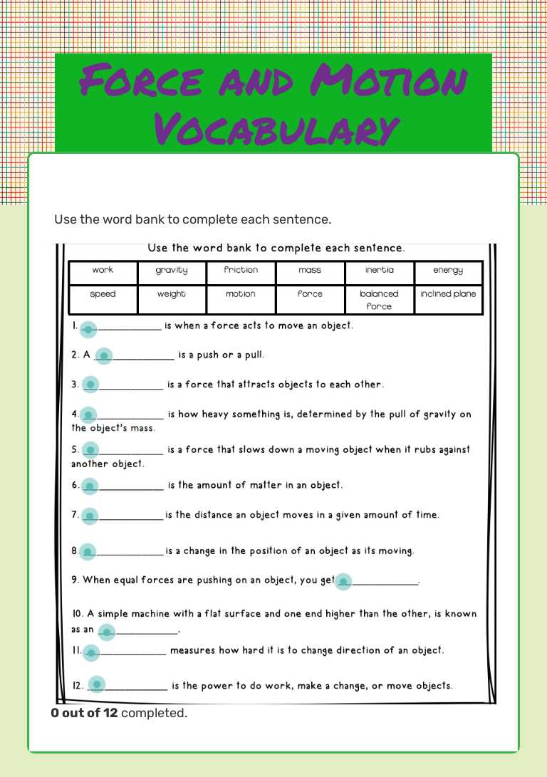 Force and Motion Vocabulary worksheet preview image