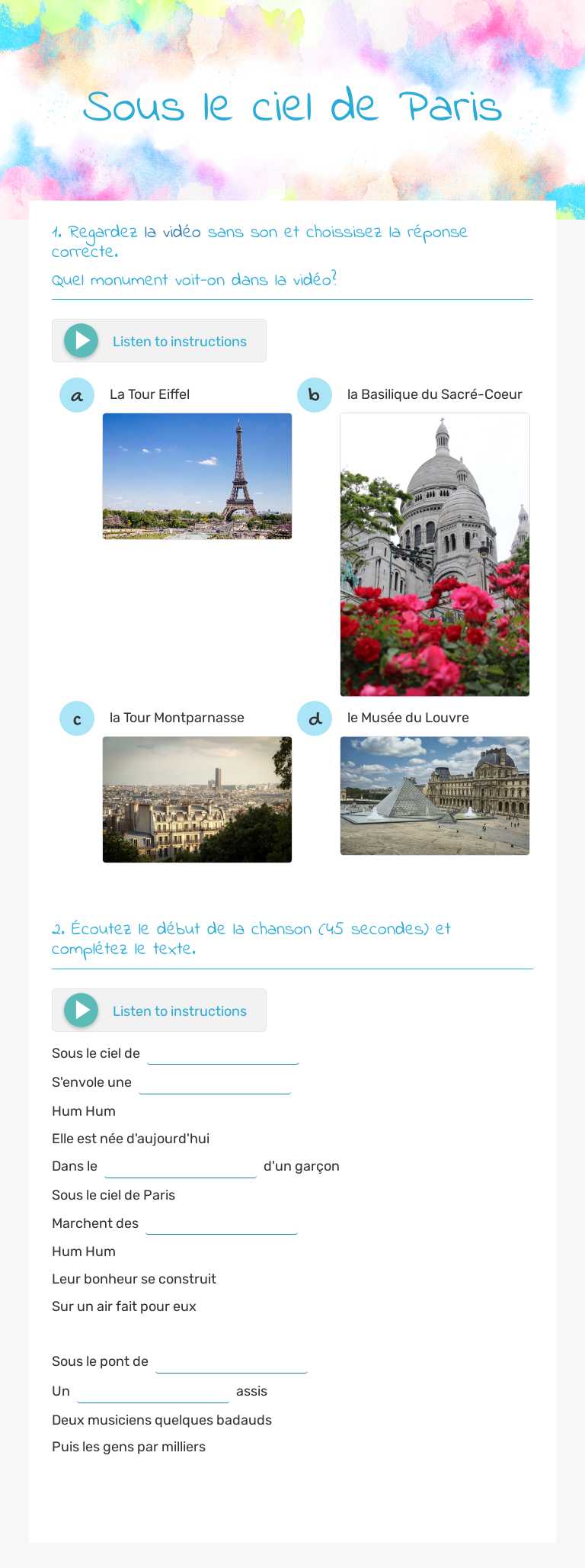 Sous le ciel de Paris worksheet preview image