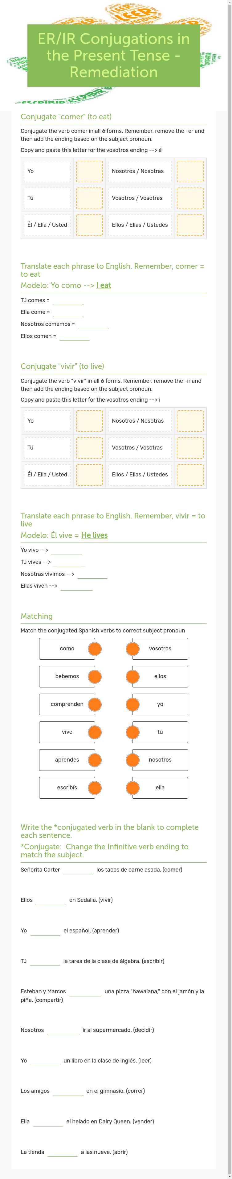 ER/IR Conjugations in the Present Tense - Remediation worksheet preview image