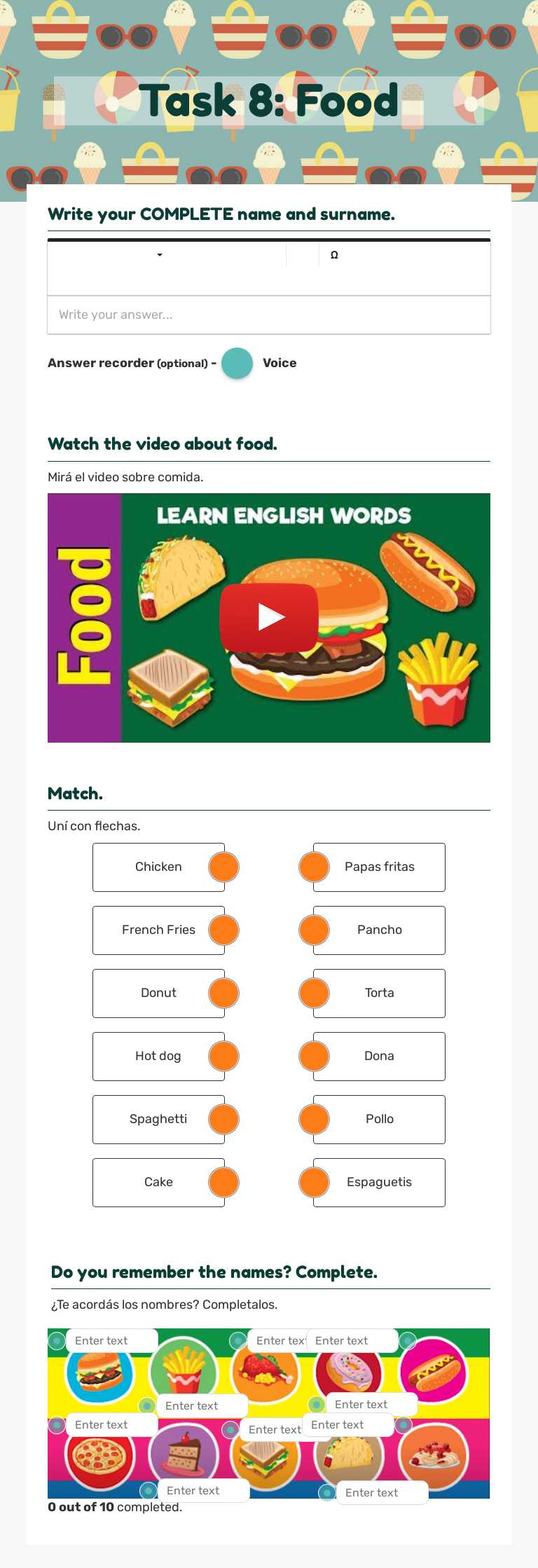 Task 8: Food Grade 5 worksheet preview