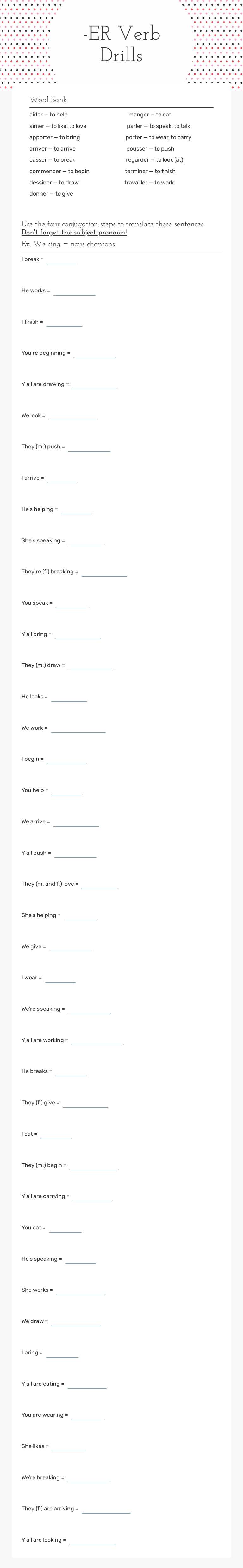 -ER Verb Drills worksheet preview image