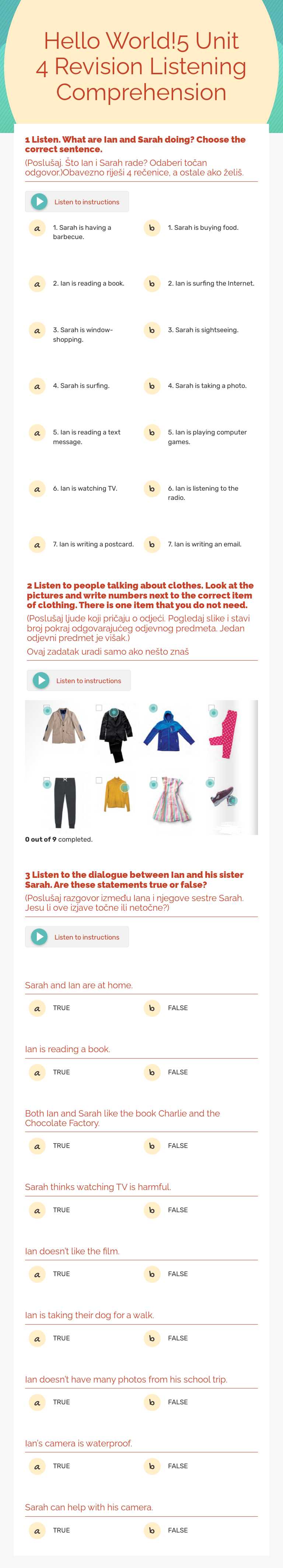 Hello World!5 Unit 4 Revision Listening Comprehension worksheet preview image