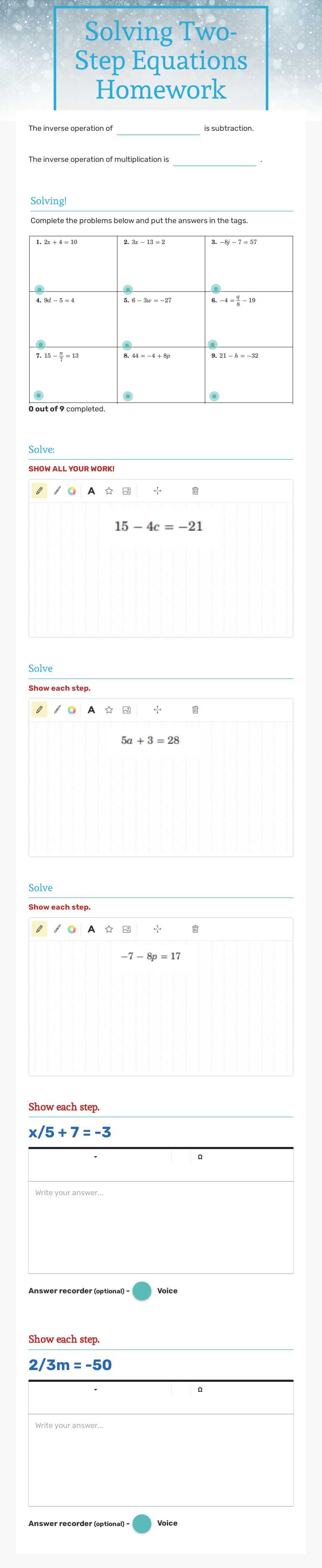 Solving Two-Step Equations Homework worksheet preview image
