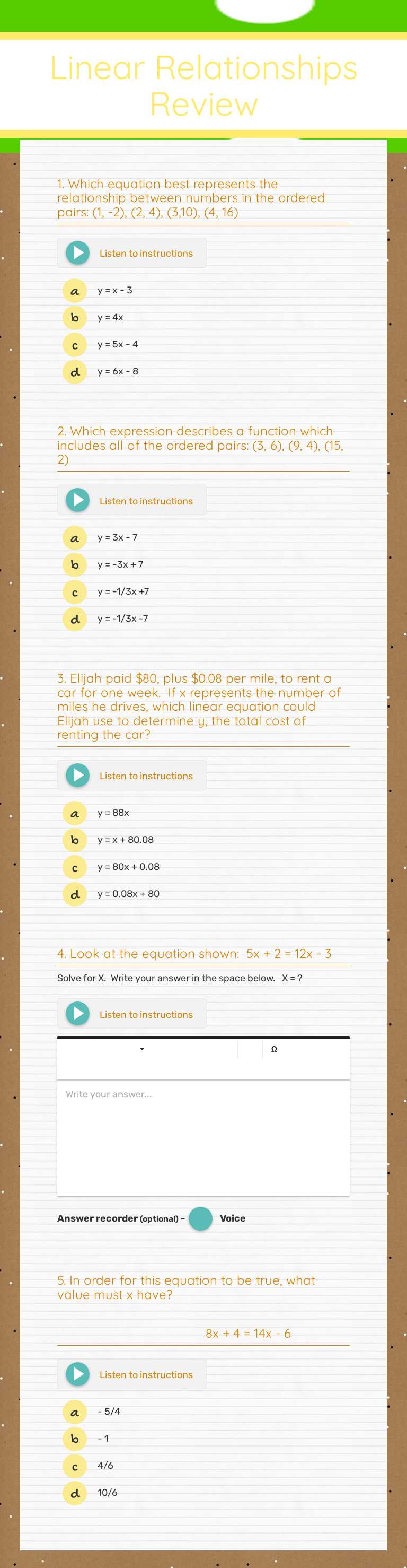 Linear Relationships
Review worksheet preview image