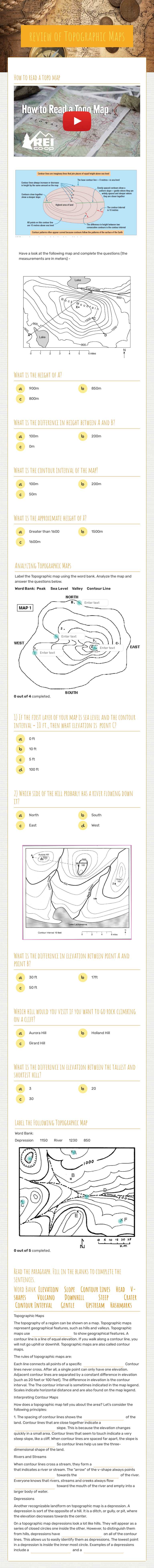 review of Topographic Maps worksheet preview image