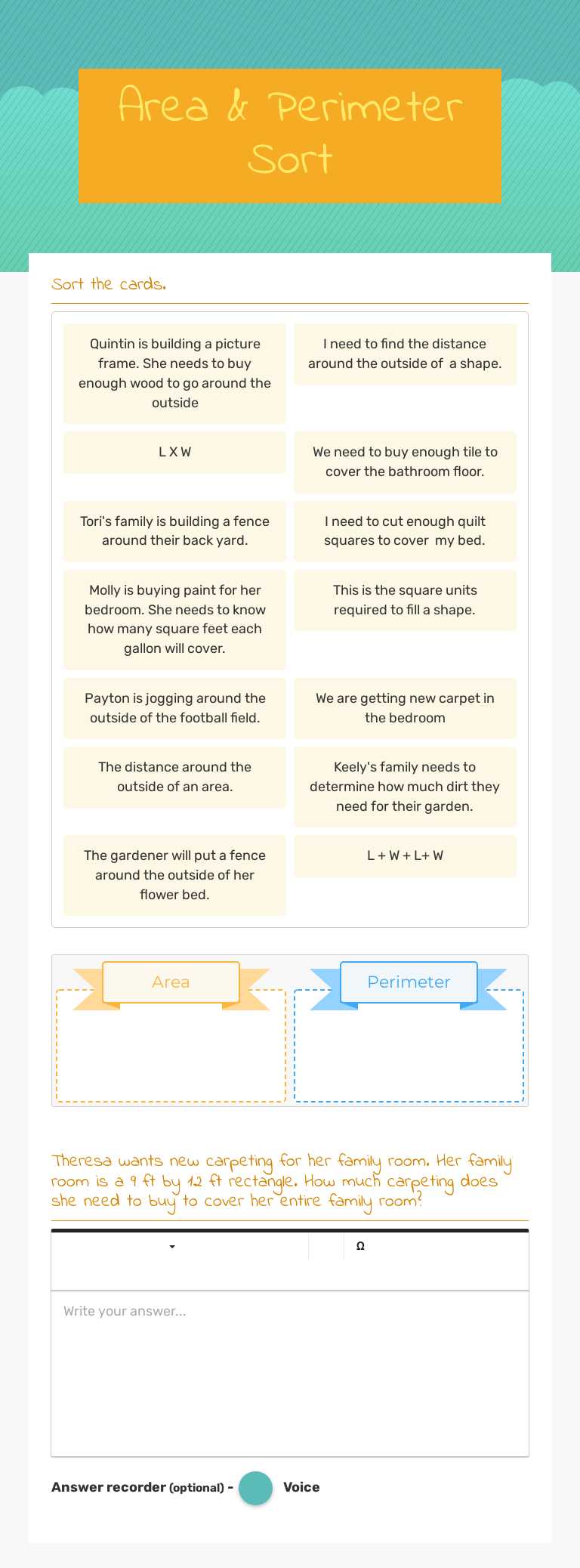 Area & Perimeter Sort worksheet preview image