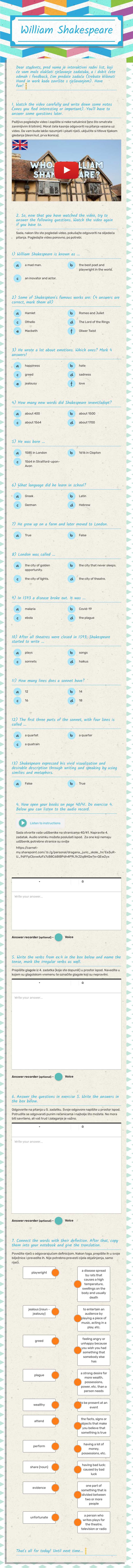 William Shakespeare Grade 9 worksheet preview