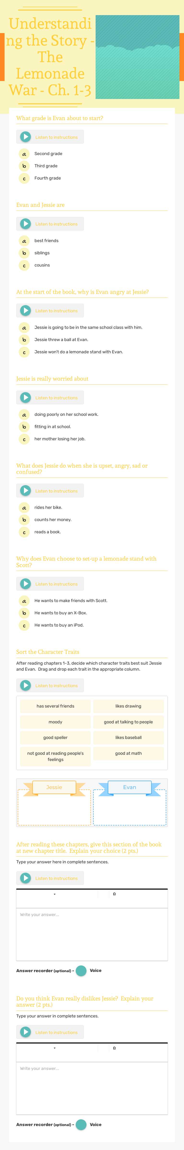 Understanding the Story -The Lemonade War - 
Ch. 1-3 worksheet preview image