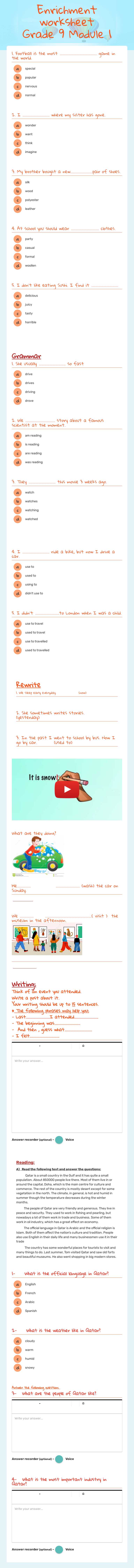 Enrichment worksheet Grade 9 Module 1 Grade 9 worksheet preview