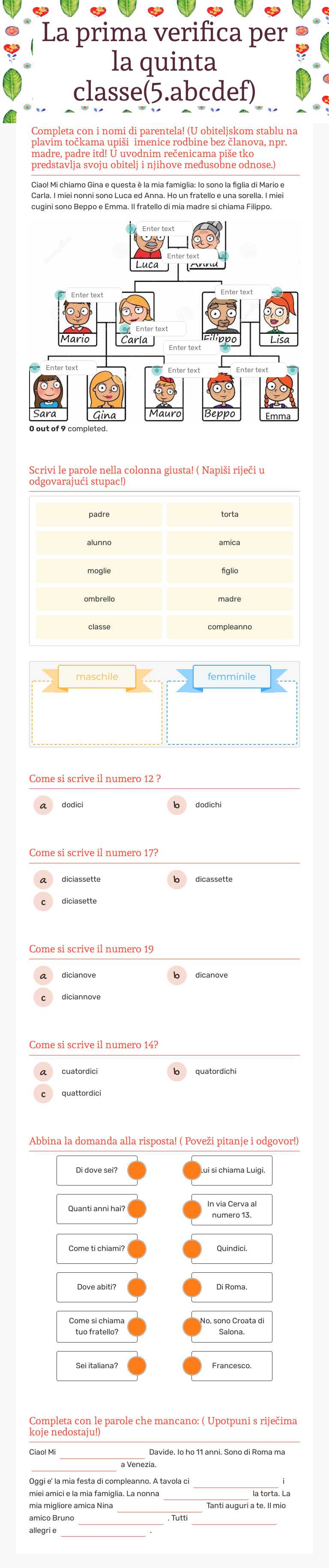 La prima verifica per la quinta classe(5.abcdef) worksheet preview image