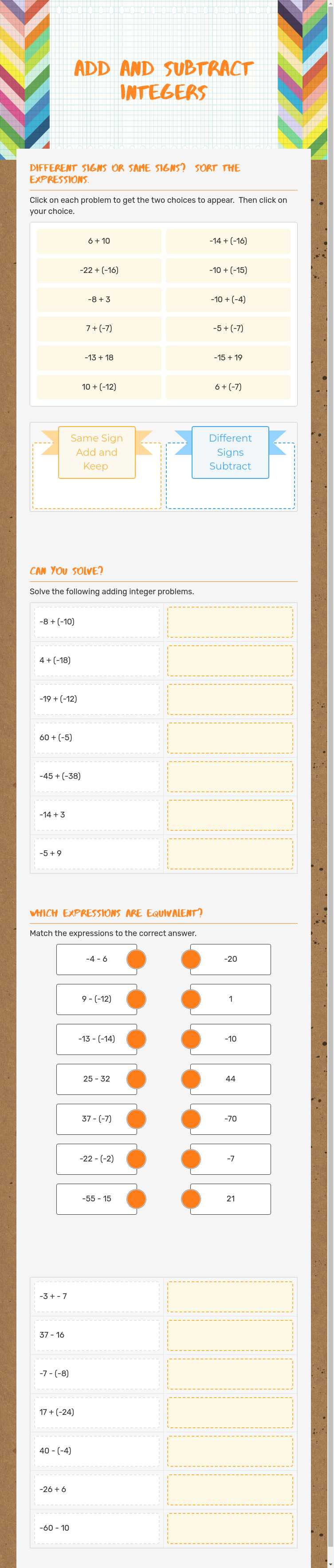 add and subtract  integers worksheet preview image