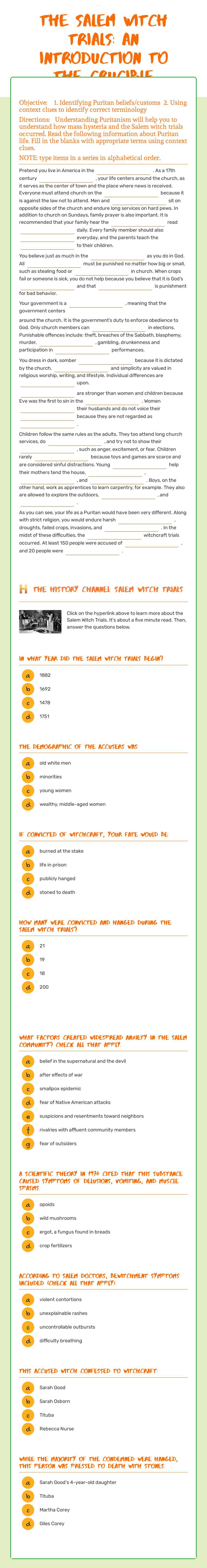 The Salem Witch Trials: An Introduction to       The Crucible Grade 11 worksheet preview