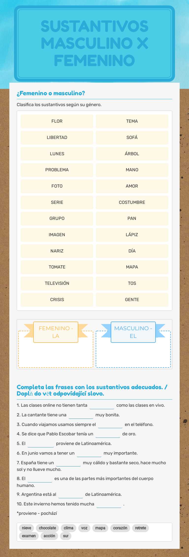 SUSTANTIVOS
MASCULINO X FEMENINO worksheet preview image