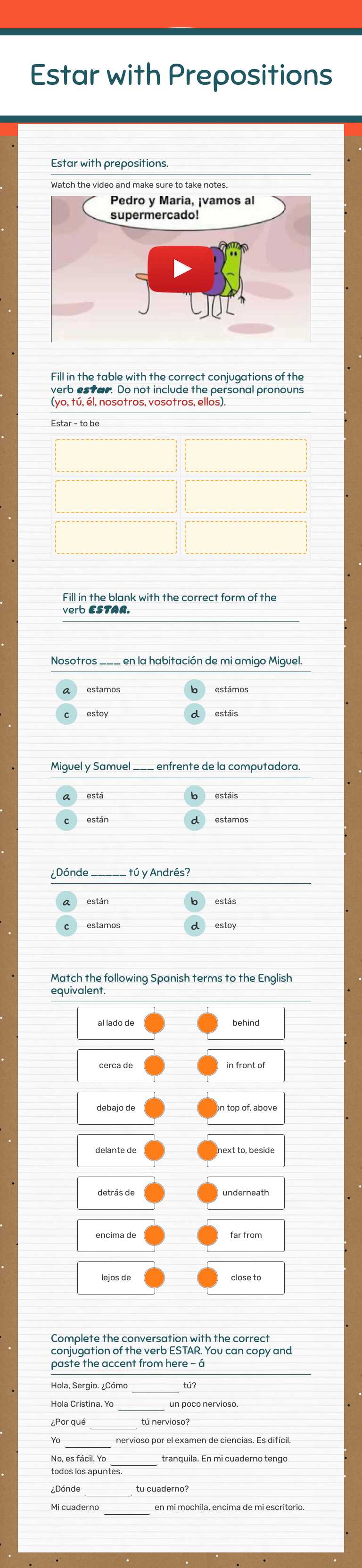 Estar with Prepositions worksheet preview image