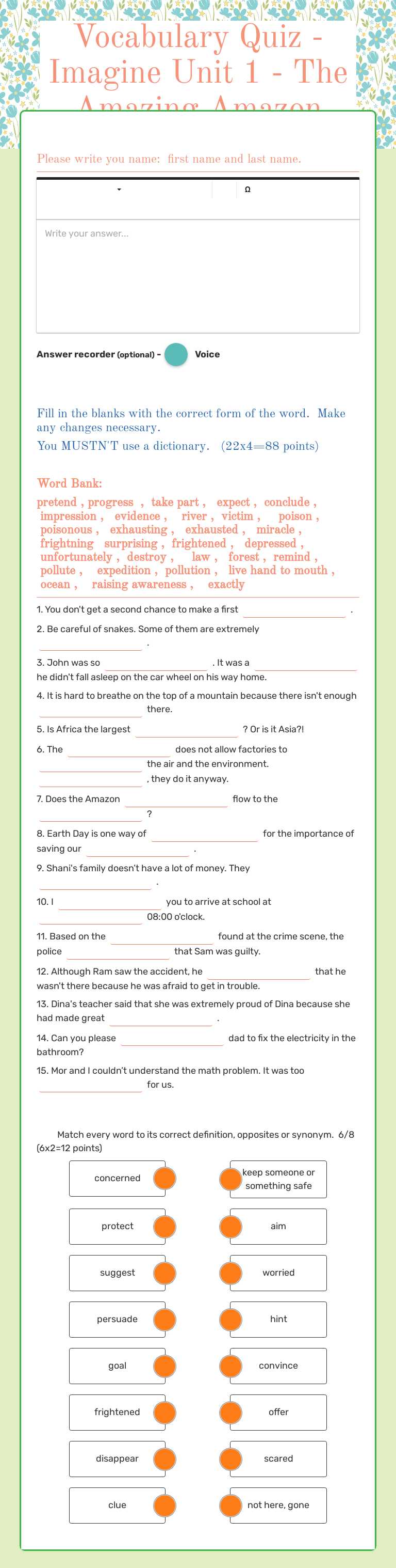 Vocabulary Quiz - Imagine Unit 1 - The Amazing Amazon worksheet preview image