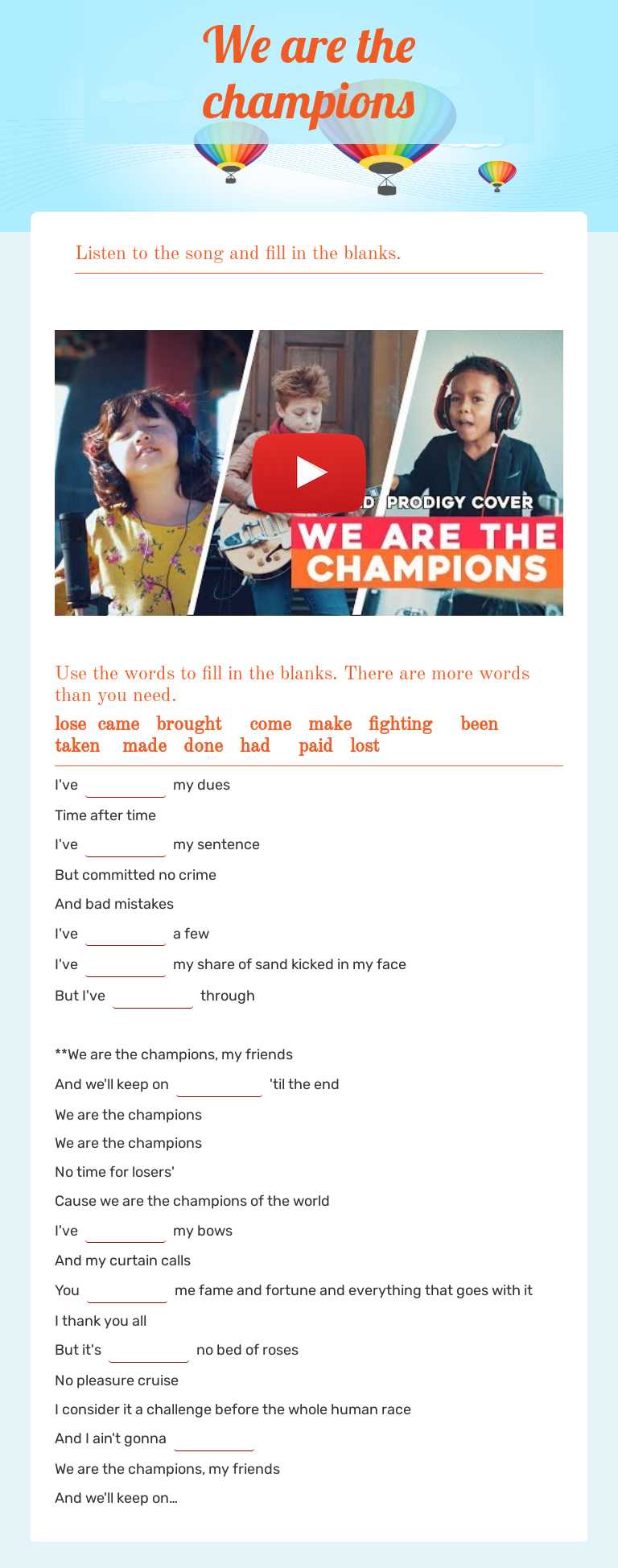 We are the champions worksheet preview image