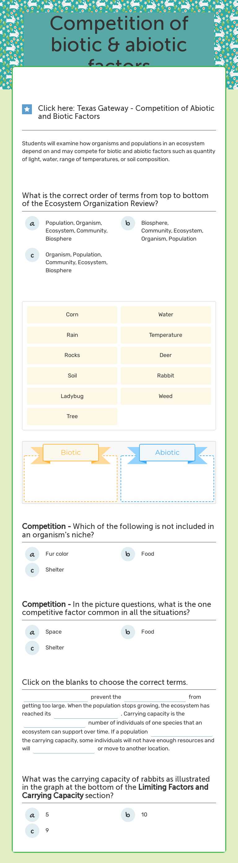 Competition of biotic & abiotic factors worksheet preview image