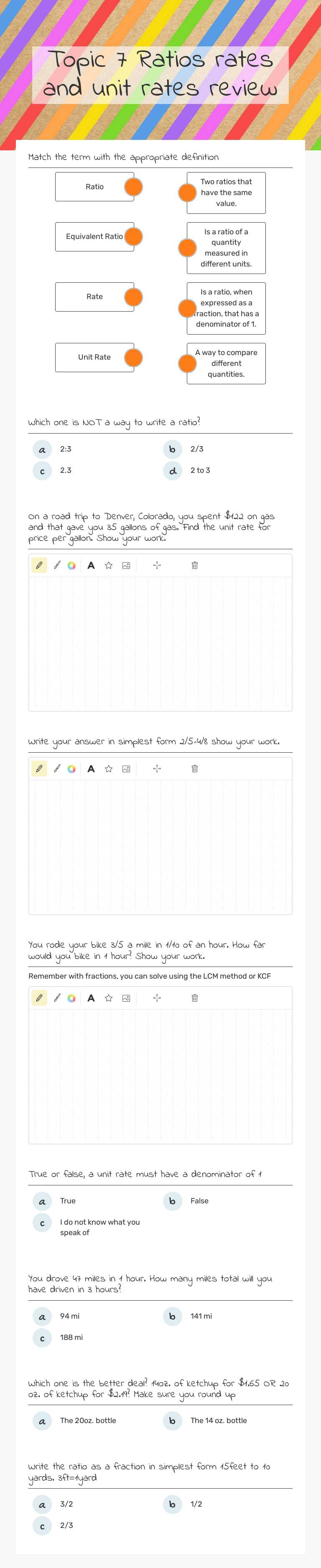Topic 7 Ratios rates and unit rates review worksheet preview image