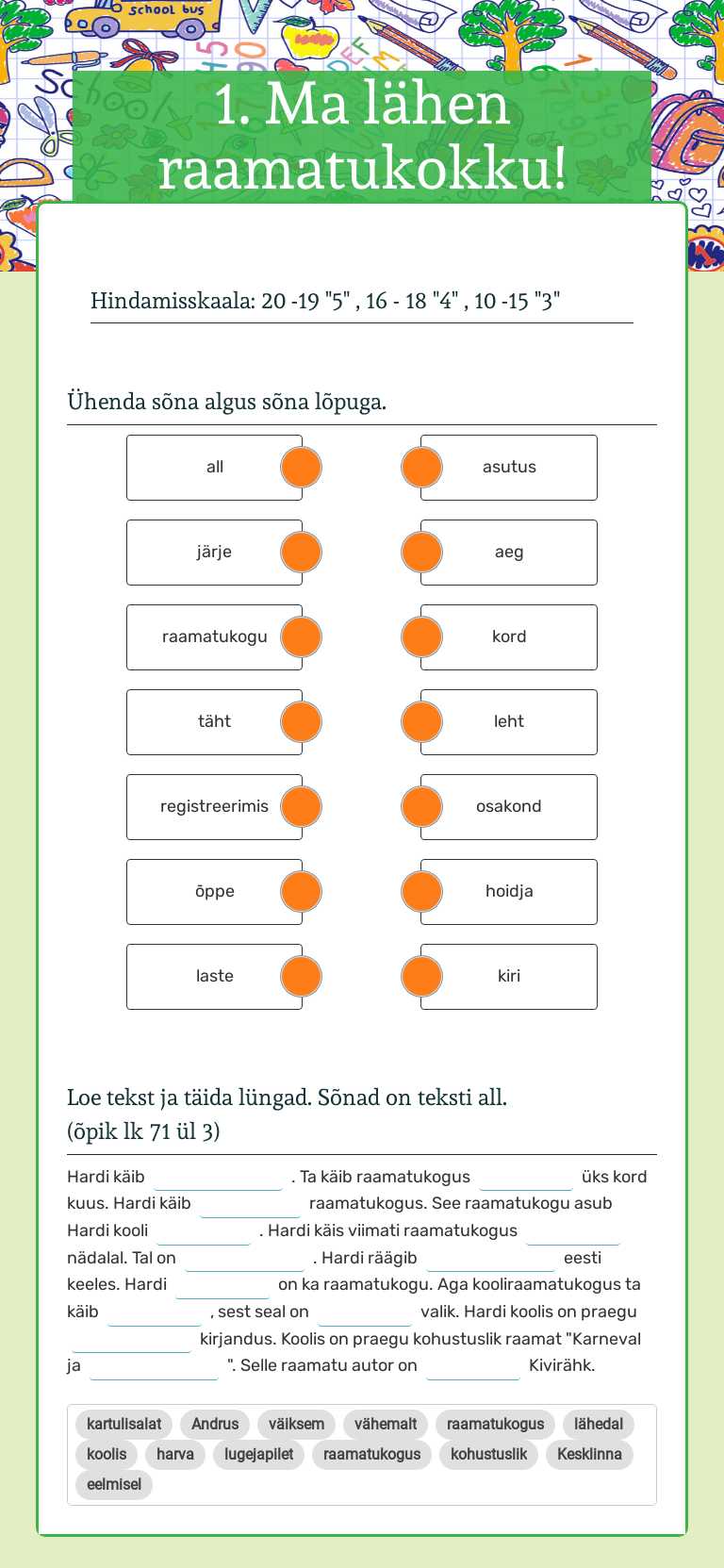 1. Ma lähen raamatukokku! Grade 5 worksheet preview