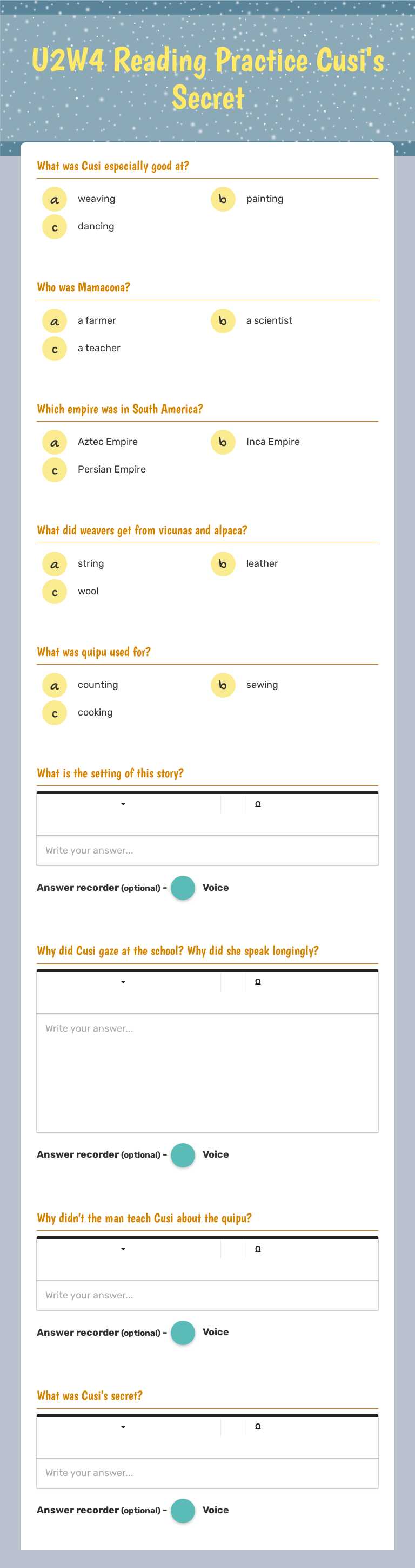 U2W4 Reading Practice
Cusi's Secret worksheet preview image