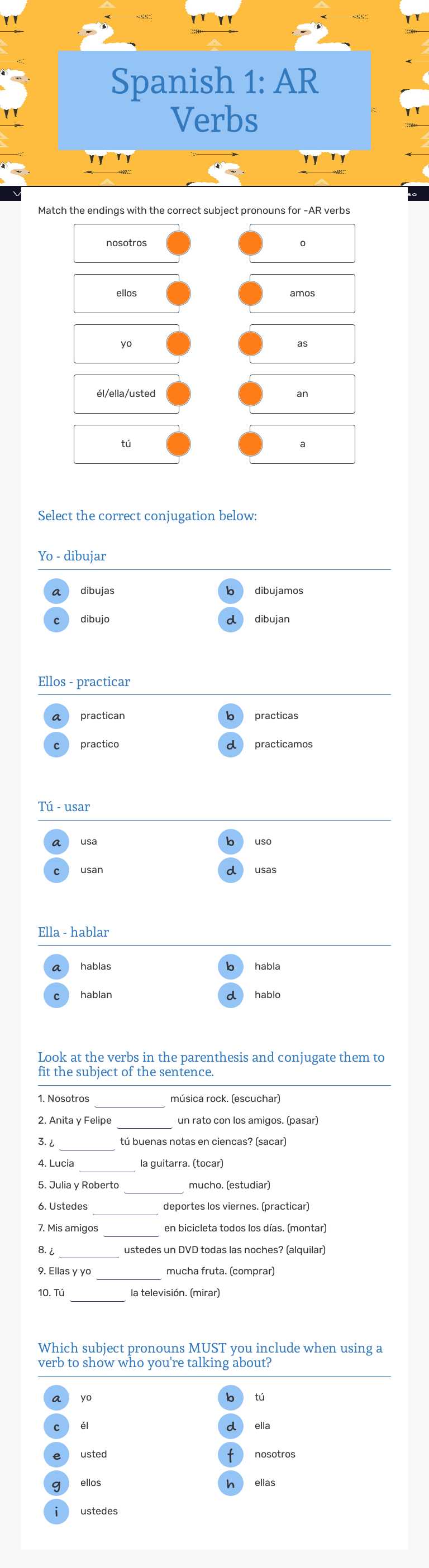 Spanish 1: AR Verbs Grade 10 worksheet preview