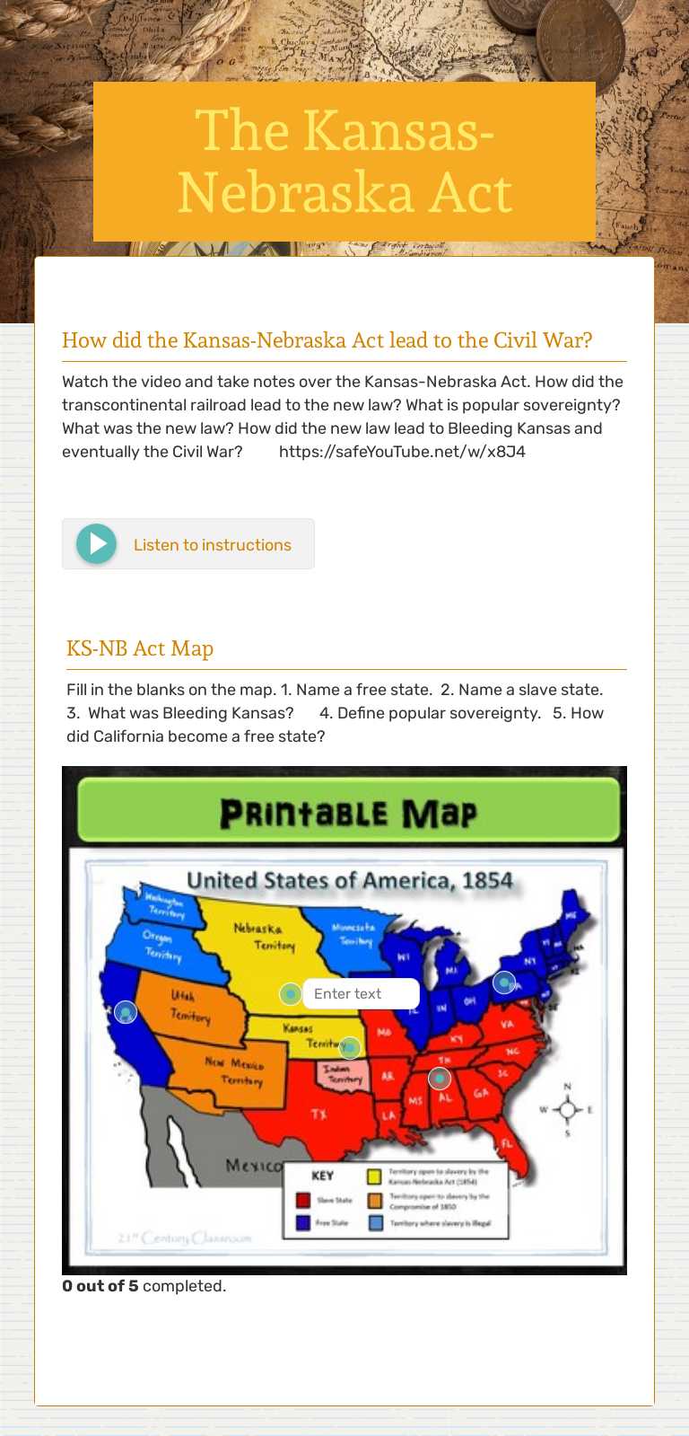 The Kansas-Nebraska Act Grade 8 worksheet preview
