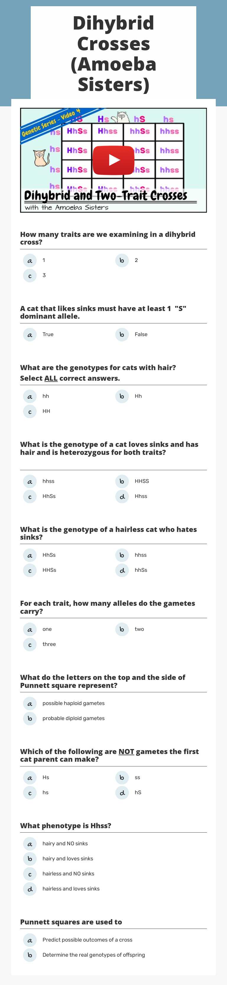 Dihybrid Crosses (Amoeba Sisters) worksheet preview image