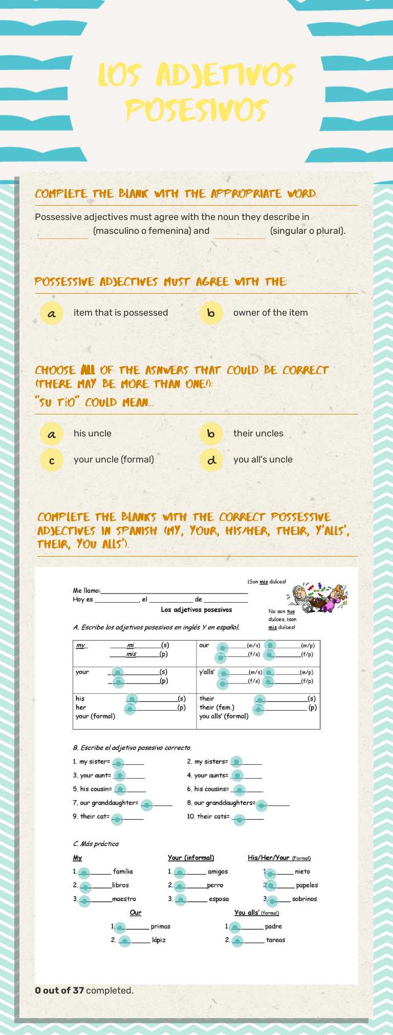 Los adjetivos posesivos worksheet preview image