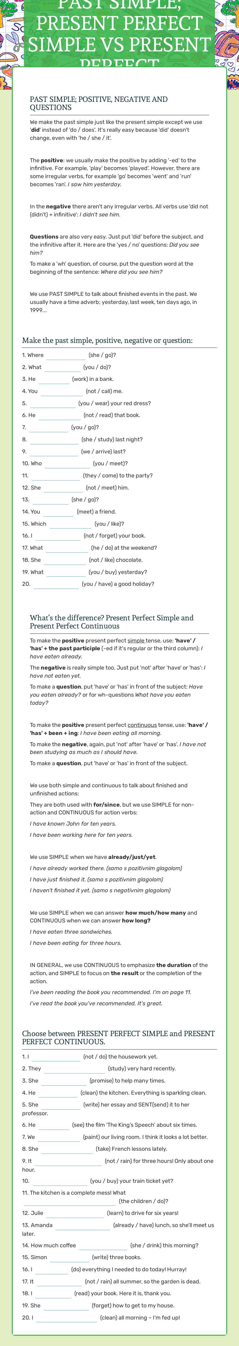 PAST SIMPLE; PRESENT PERFECT SIMPLE VS PRESENT PERFECT CONTINUOUS worksheet preview image