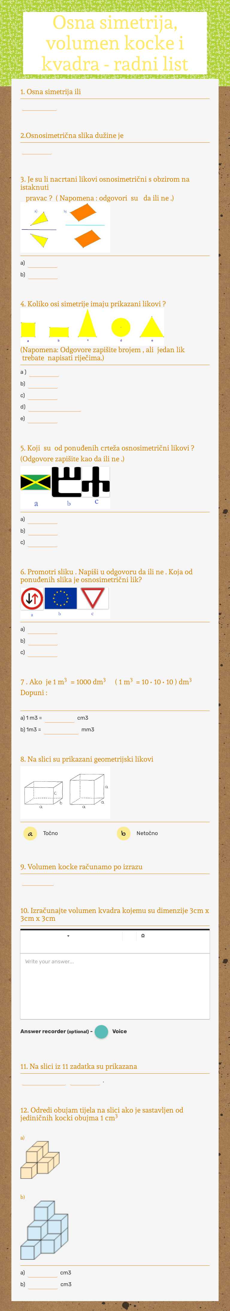 Osna simetrija, volumen kocke i kvadra -  radni list worksheet preview image