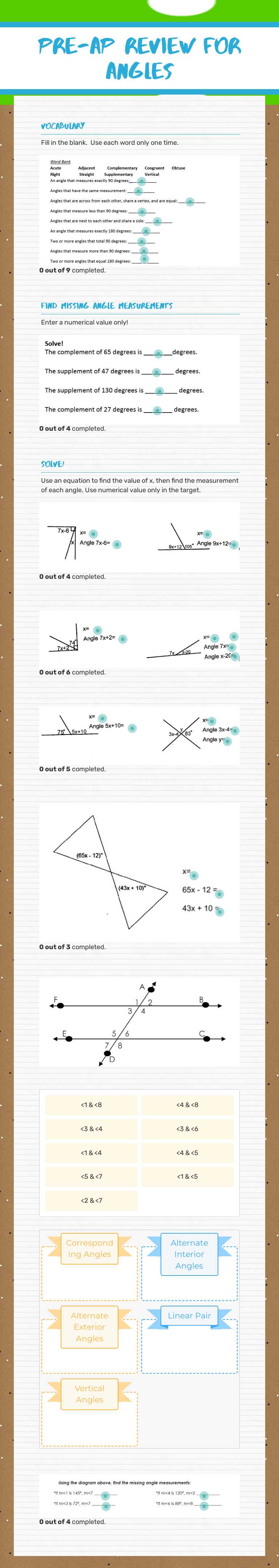 Pre-Ap Review for Angles Grade 7 worksheet preview