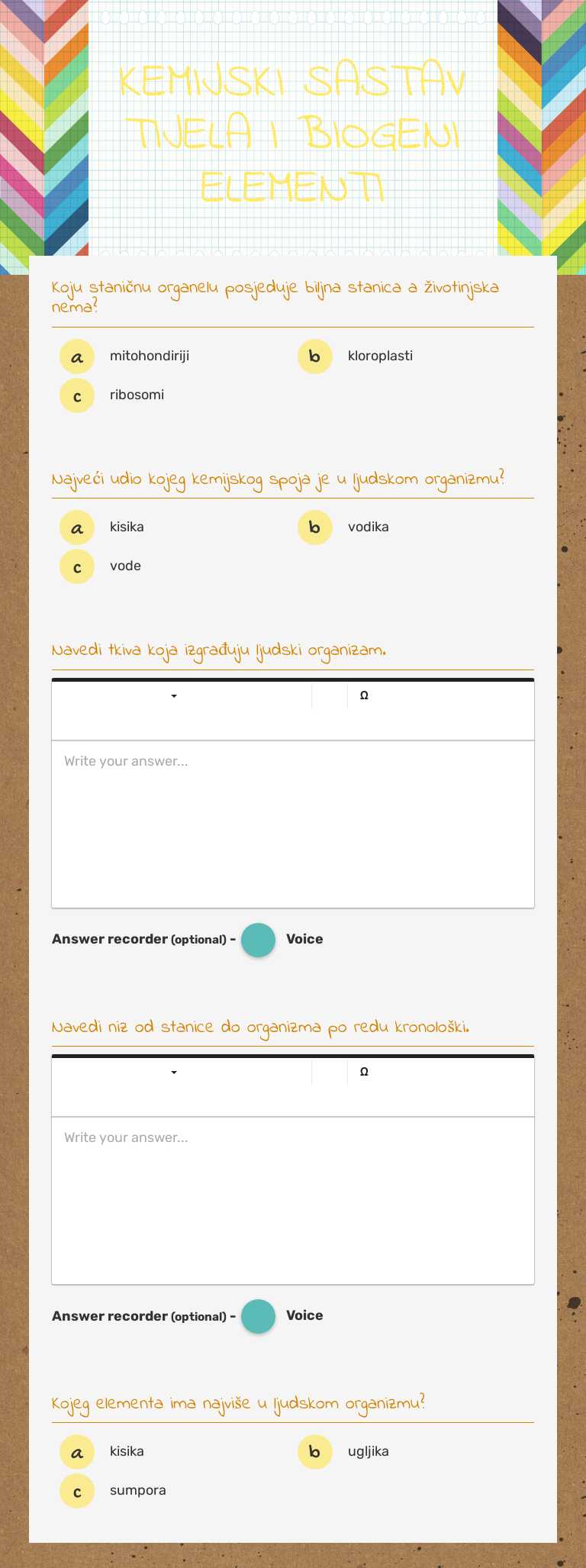 KEMIJSKI SASTAV TIJELA I BIOGENI ELEMENTI Grade 9 worksheet preview