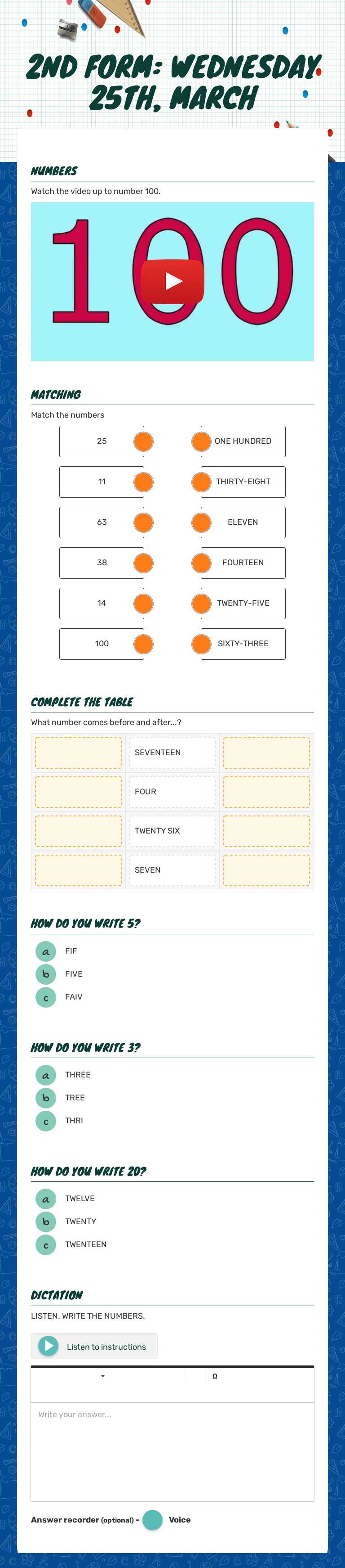 2ND FORM: WEDNESDAY 25TH, MARCH worksheet preview image