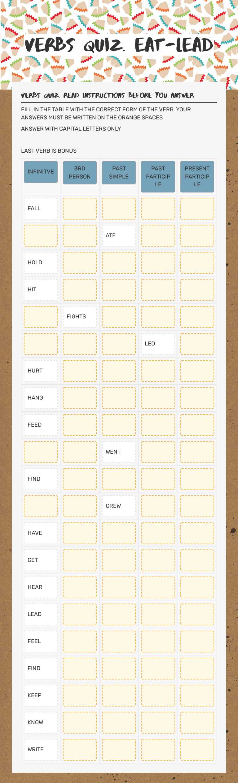 VERBS QUIZ.       
 eat-lead worksheet preview image