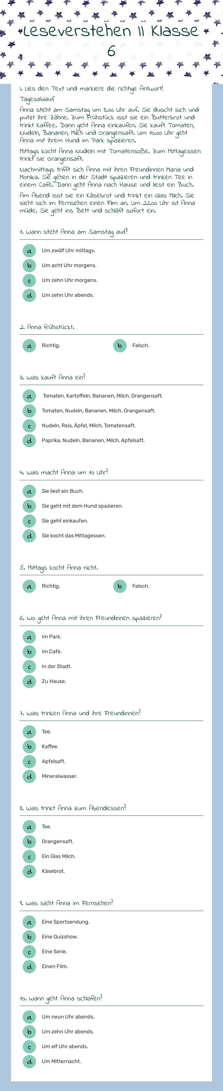 Leseverstehen II Klasse 6 worksheet preview
