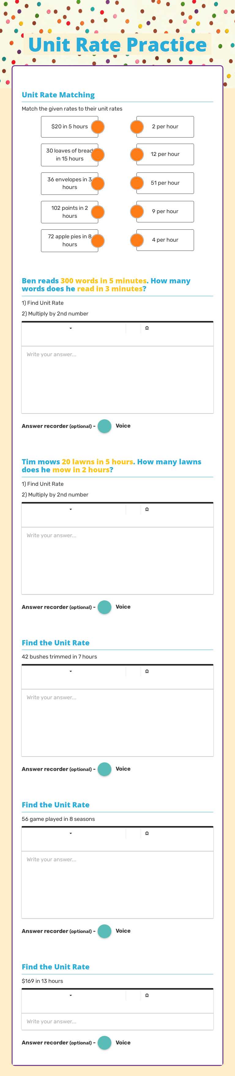 Unit Rate Practice worksheet preview image
