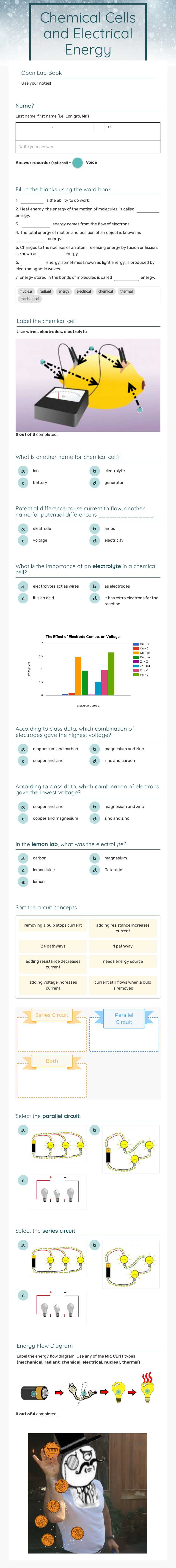 Chemical Cells and Electrical Energy worksheet preview image
