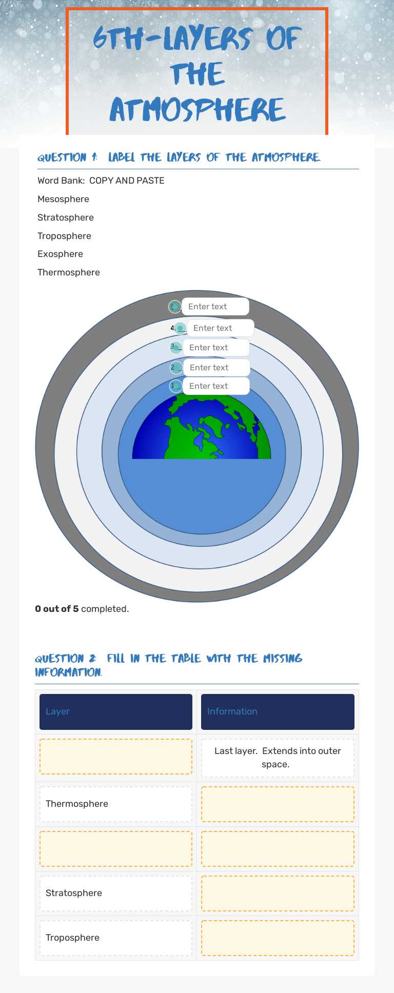 6th-Layers of The Atmosphere worksheet preview image