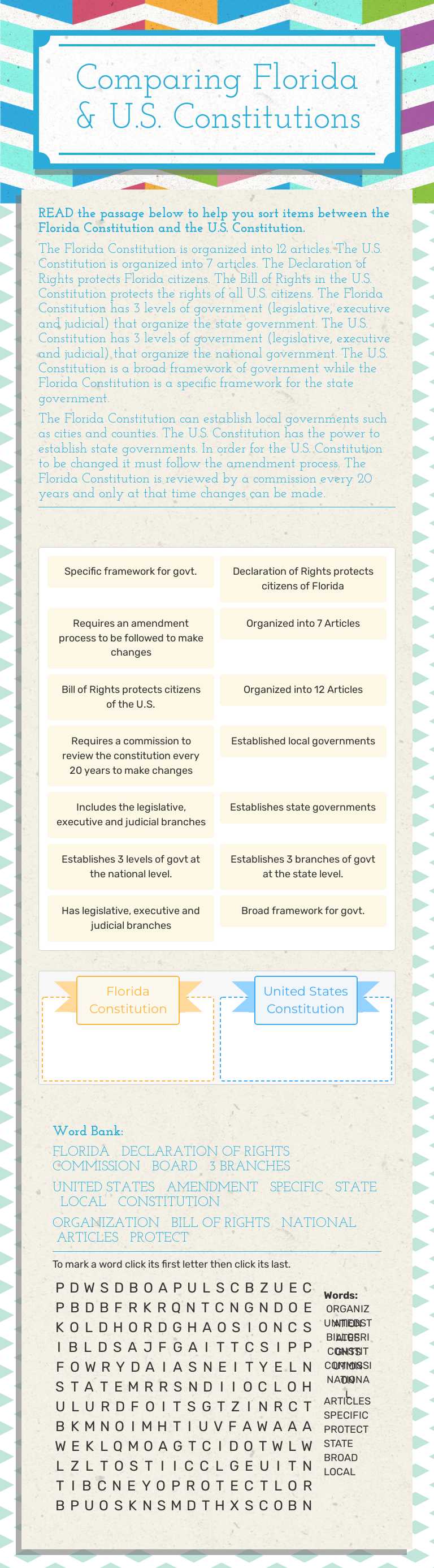 Comparing Florida & U.S. Constitutions worksheet preview image