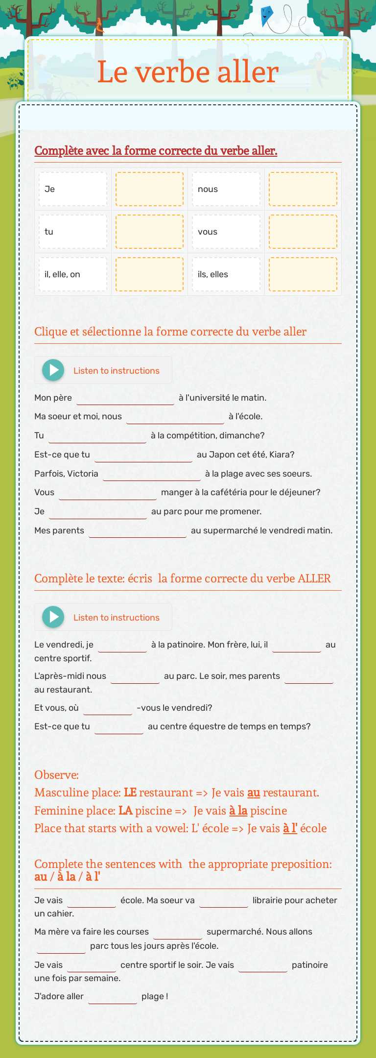 Le verbe aller Grade 6 worksheet preview