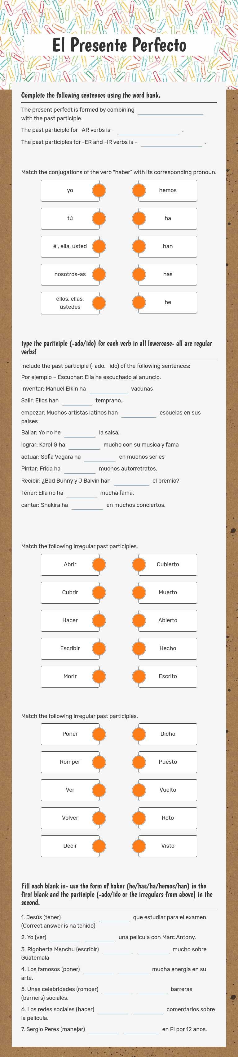 El Presente Perfecto worksheet preview image
