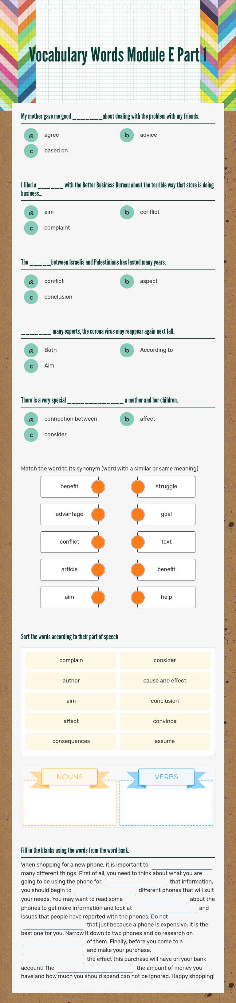 Vocabulary Words Module E Part 1 Grade 11 worksheet preview