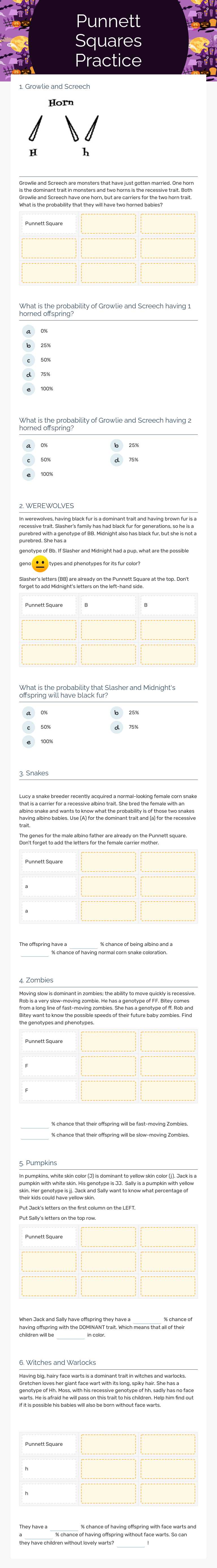 Punnett Squares Practice worksheet preview image