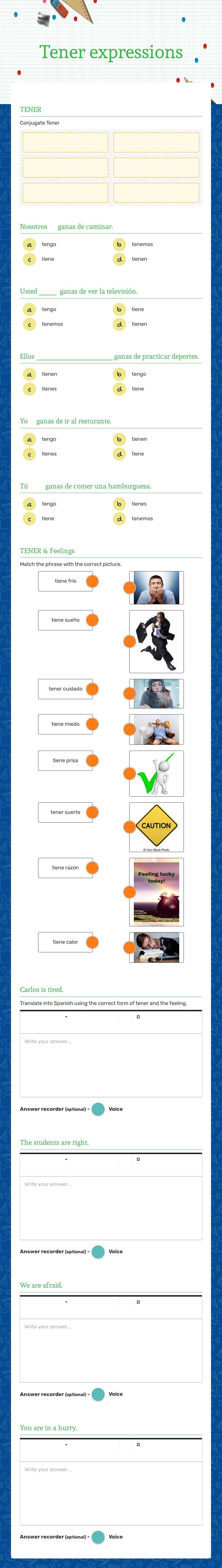 Tener expressions worksheet preview image