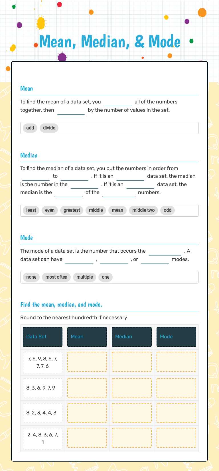 Mean, Median, & Mode worksheet preview image