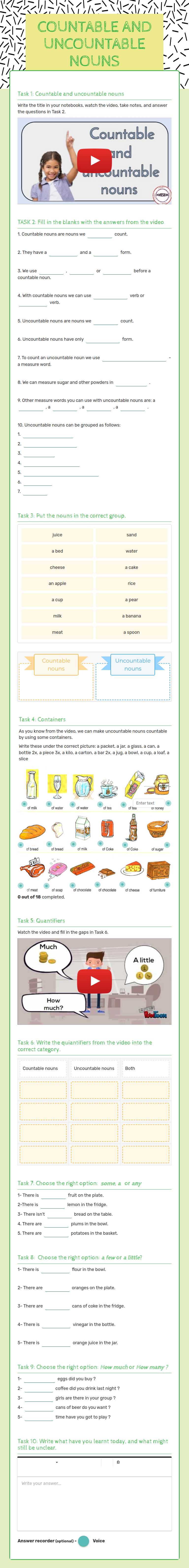 COUNTABLE AND UNCOUNTABLE NOUNS worksheet preview image