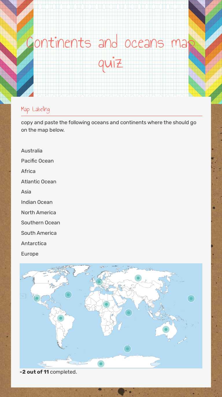 Continents and oceans map quiz worksheet preview image