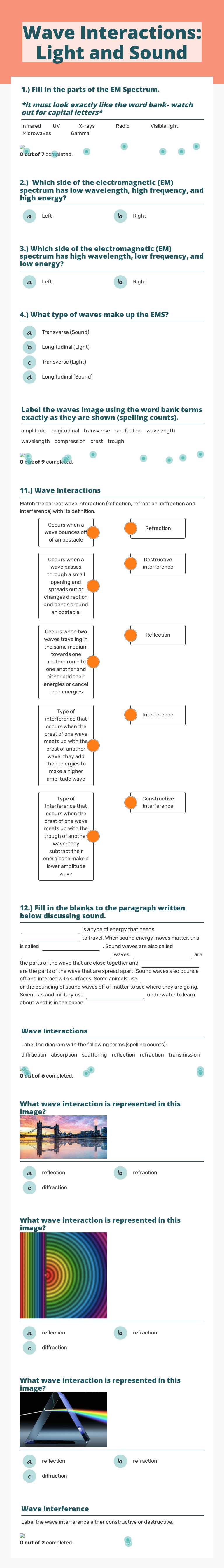 Wave Interactions:    Light and Sound worksheet preview image