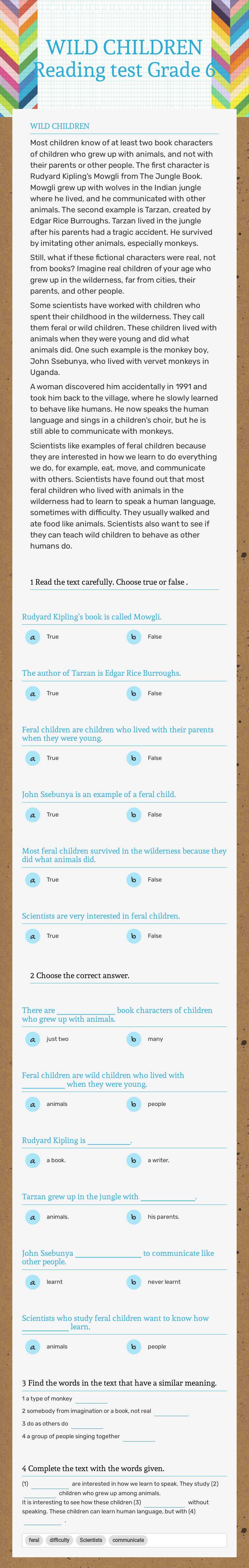 WILD CHILDREN                           
 Reading test Grade 6 worksheet preview image